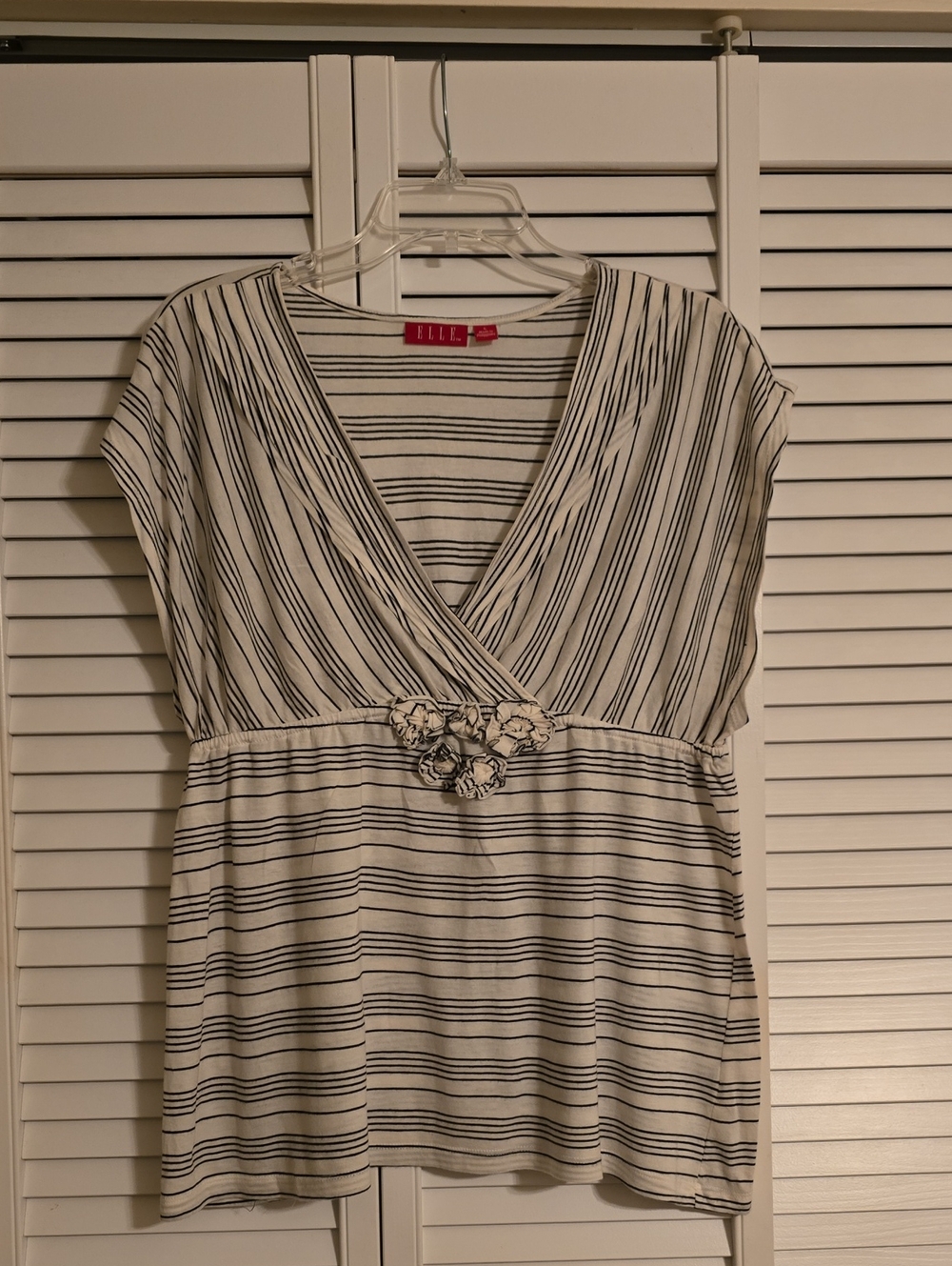 Elle Black & White Striped Surplice Top with Floral Waist Detail